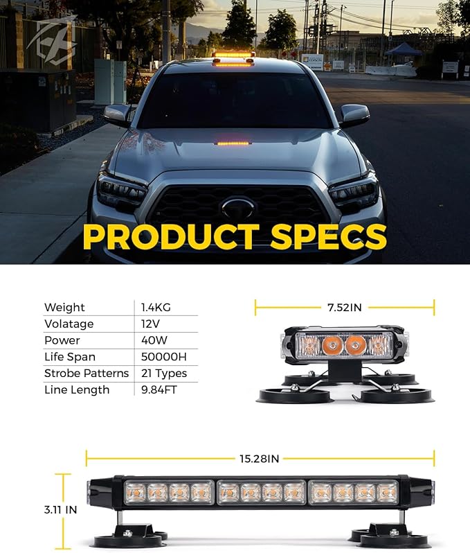 Xprite Amber 32 LED Strobe Flashing Light Bar, 21 Flash Modes 14.5 Inch Emergency Hazard Warning Beacon Lights with Magnetic Base for Tow Vehicles Trucks Car Trailer Tractor Snow Plow Roof Safety