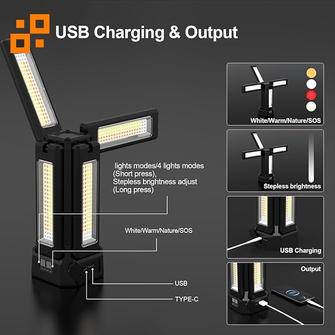 13200mAh Rechargeable Solar Work Light with Remote and Portable Carrying Bag, 8000 Lumen Stepless Dimmable, 4 Lighting Modes, White/Warm/Nature/SOS for Outdoor Camping Car Work Emergency Light