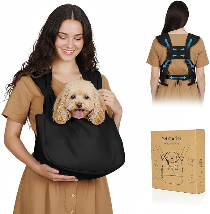 Dog Sling Carrier for Small Dogs with Bottom Support, Adjustable Pet Front Dog Carrier-Padded Straps Reducing Back Neck Pain, Anti-Anxiety Backpack for Travel Hiking Camping, Hands Free (Black,S)