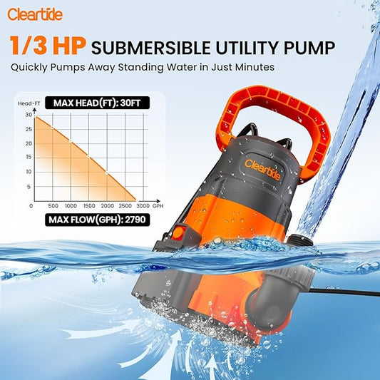 Cleartide Submersible Sump Pump, Smart Water Sensor Auto On/Off, Manual/Auto Mode, 1/3HP 2790GPH Multi-Use Utility Water Pump for Pool/Basement/Garden Drainage