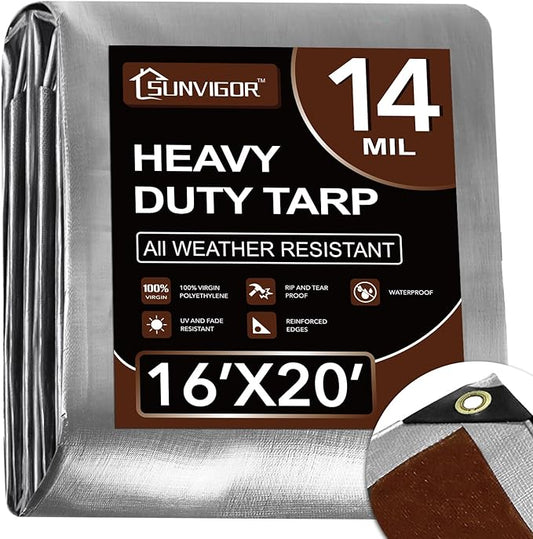 Sunvigor Tarp Waterproof 16x20Ft, Heavy Duty Tarp Cover Extra Thick 14 Mil Tear and UV Resistant, Outdoor Tarps with Grommets and Reinforced Edges for Roof, Camping, Patio, Pool, Boat (Silver/Brown)