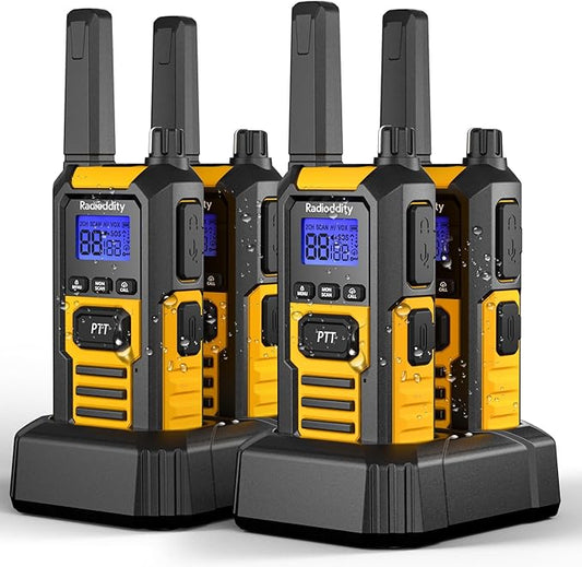 Radioddity HD-1 IP67 Waterproof Floating Walkie Talkies, Heavy Duty Long Range Two Way Radio w/ 2400mAh Battery One-Key Group Call, Vibrate Alert, SOS, Dual PTT, for Construction Hunting, 4 Packs