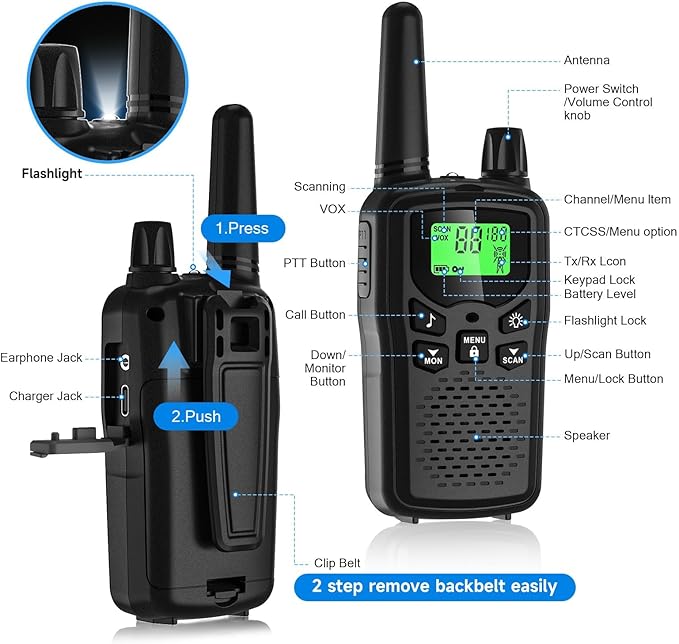 Walkie Talkies for Adults Long Range, Rechargeable Walkie Talkie 22 FRS Channels Two Way Radios with Noise Reduction, Volume Adjustment, LED Flashlight,1200mAh Rechargeable Battery (6 Pack Black)