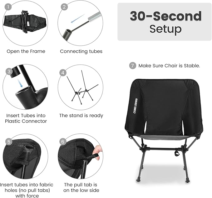 CAMEL CROWN Portable Camping Chair Folding Compact Lawn Lightweight Backpacking Chair with Carry Bag for Outdoor Hiking Beach Travel Picnic Festival Black