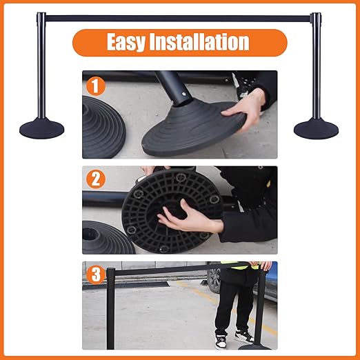 41" Black Crowd Control Stanchion Set, Stable Heavy-Duty Rubber Base with 10 Feet Retractable Belt Crowd Control Barriers, Retractable stanchions for Outdoor Safety (6 Pack)