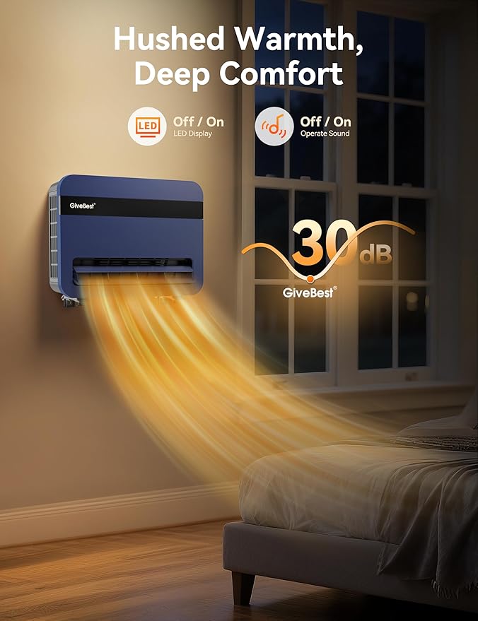Givebest-Wall-Heater-for-Indoor-Use, 1500W Electric-Space-Heater, 120°Vertical Oscillation,Works with Alexa, Adjustable Thermostat, Remote Control, 24H Timer, Easy-mounted Heater for Indoor Use,Blue