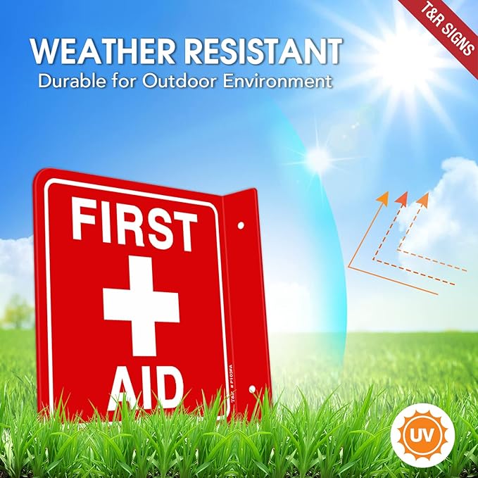 T&R First Aid Sign, First Aid with Cross Symbol - 2 Pack - 6 x 6 Inches Acrylic, 2 pre-drilled holes, Includes Matching Screws, Use for Office/Business