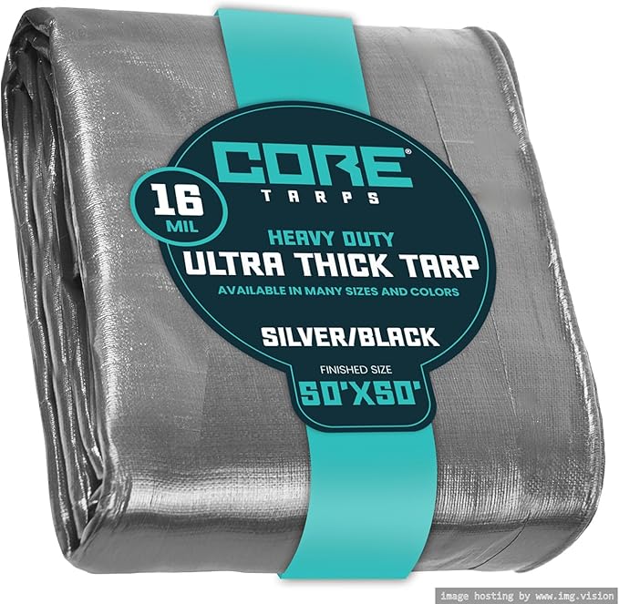 Core Tarps Extra Heavy Duty 16 Mil Tarp Cover, Waterproof, UV Resistant, Rip and Tear Proof, Poly Tarpaulin with Reinforced Edges for Roof, Camping, Patio, Pool, Boat (Silver/Black 50′ X 50′)