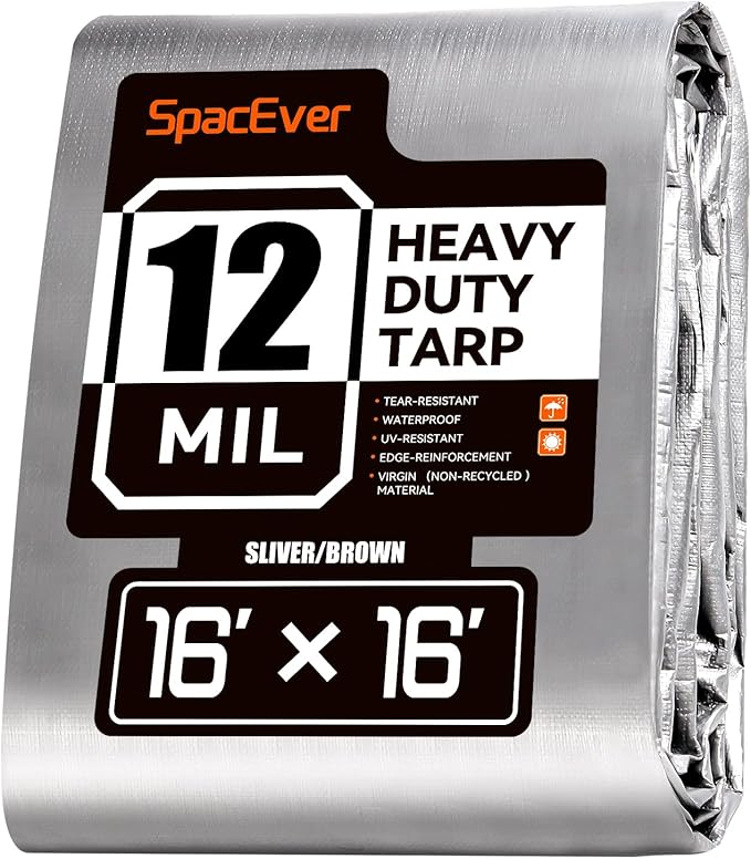 Tarp Heavy Duty 16x16 FT, 12 Mil Thick Large Tarps Water-Proof with Grommets, UV& Tear Resistant, Plastic Cover for Pool Roof Tent Outdoor Firewood, Silver& Brown