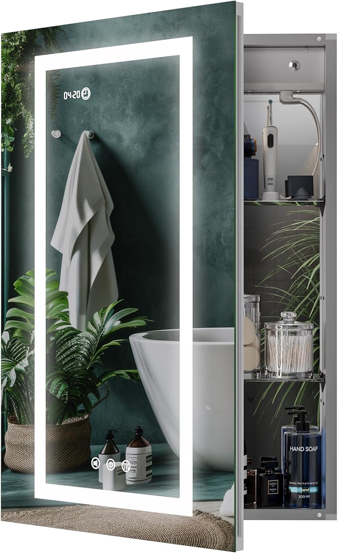 LED Lighted Medicine Cabinet Front & Backlit Dimmable Colours, Clock & Temp, USB Outlets (20 x 32)