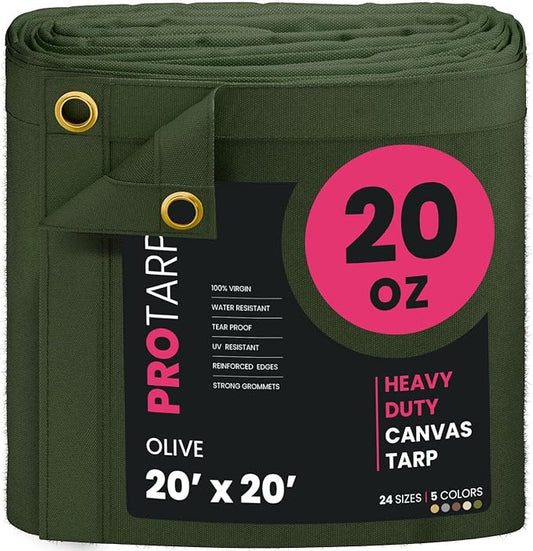 PROTARP Extreme Heavy Duty 20 OZ Water Resistant Canvas Tarp, UV Resistant Tarpaulin Cover with Rustproof Brass Grommets, Multipurpose for Canopy, Roof, Camping, Woodpile (Olive 20'X20')