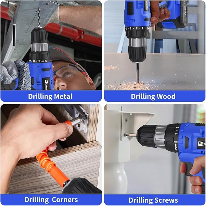 FADAKWALT 20V Electric Drill Set with Battery and Charger, 30N Torque, 21+1 Settings, 3/8-Inch Keyless Chuck, LED Electric Drill Set (Blue)