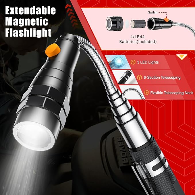 Gifts for Dad, Telescoping Magnetic Pick Up Tool Set, Stocking Stuffers for Men, Extendable Magnet Flashlight with Inspection Mirror, Flexible LED Flashlight,Christmas Gifts for Men, Women