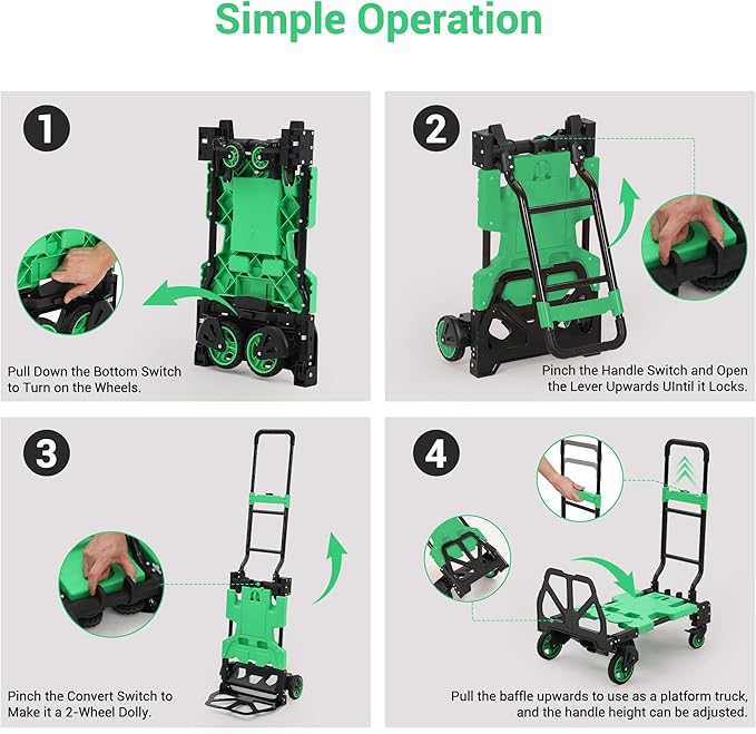 Folding Hand Truck, 330 LB Heavy Duty Dolly Cart with Foldable Basket, Foldable Hand Truck with Bungee Rope, Rubber Wheels and Retractable Handle for Luggage, Travel, Moving, Office, Green