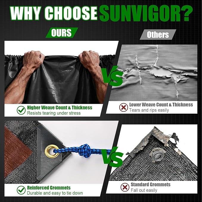 Sunvigor Tarp Waterproof 10x12Ft, Extra Thick 14 Mil Heavy Duty Tarp Cover, Tear & Fade Resistant, Outdoor Tarps with Brass Grommets and Reinforced Edges for Roof, Camping, Patio, Boat (Black/Brown)