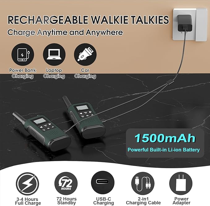 Walkie Talkies Long Range for Adults-2 Pack Rechargeable Walkie Talkies 22 FRS Channels 2-Way Radios with NOAA Weather Alert,VOX,Flashlight and 1500mAh Li-ion Battery for Family Camping Hiking