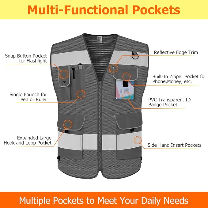 TCCFCCT Mesh High Visibility Vest 9 Pockets Hi Vis Reflective Safety Vest for Men Women, Construction Vest with Reflective Strips, Meets ANSI/ISEA Standards, (Grey, Small)