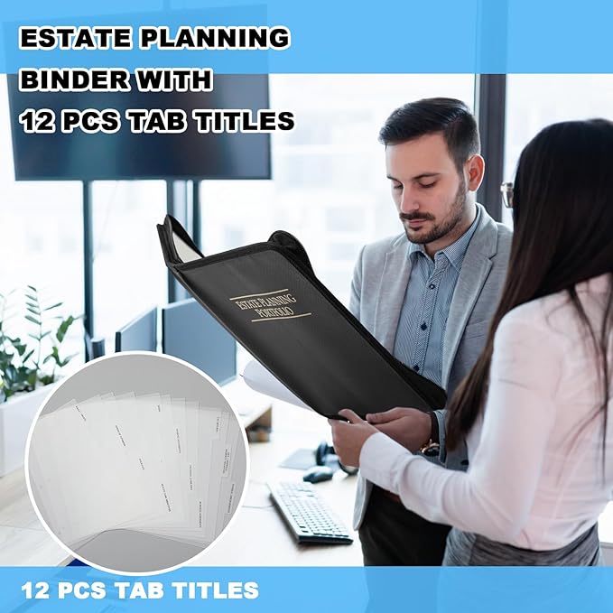 Henoyso Fireproof Estate Planning Portfolio Black 1.5" 3 Ring End of Life Binder with Zip Estate Planning Organizer for Wills, Trusts, Powers of Attorney, 12 Indexed Dividers Included