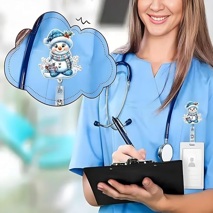 Snowman Badge Reel Winter Snowman Badge Holder with Alligator Clip, Retractable Acrylic Badges Reels ID Name Badge Clip for Nurse Nursing Student Hospital Office Teacher Holiday Badge Accessories