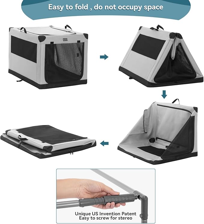PETSFIT Collapsible Dog Crate, with Patented Adjustable Fabric Cover, Chewproof & Lockable Mesh Doors, Waterproof Base Portable Kennel Grey 30 Inch