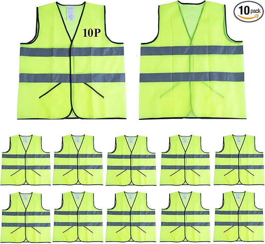 Safety Vests 10 Pack -Yellow Reflective High Visibility Construction Work Vests for Men,Woman,Pockets,Hi Vis Mesh and Neon Silver Strip,CIMC