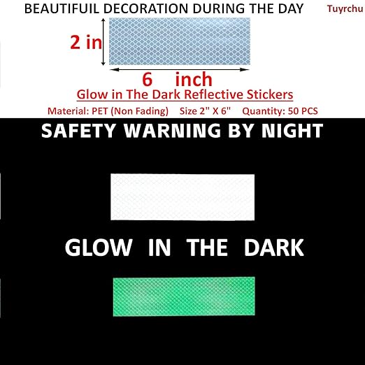 Glow in The Dark Reflective Stickers 2 inch X 6 inch for Truckskes, Warning Strong Safety Adhesive Reflective Strips (50 Pcs)