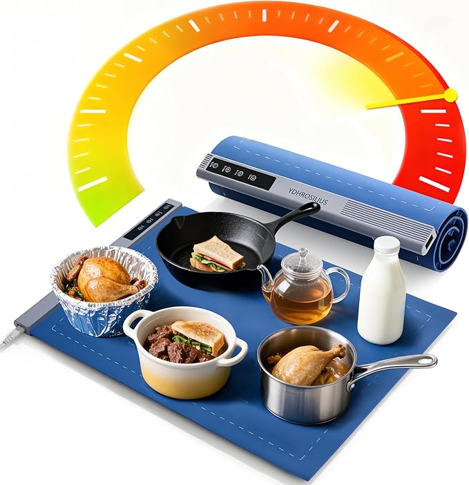 Warming Mat for Food,Food Warming Mat,1 Pack Electric Food Warmer Mat with Graphene Heating Tech, 3 Temperature Settings & 15 Timer Modes, Child Safety Lock, Silicone Heating Pad for Buffets Party