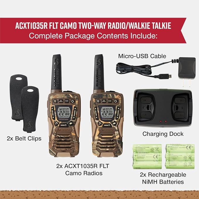 Cobra ACXT1035R FLT CAMO Waterproof Walkie Talkies - Rechargeable, Floats, 22 Channels, Long Range 37-Mile Two-Way Radio Set (2-Pack)