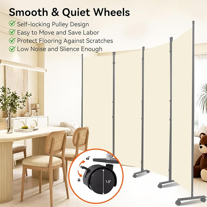 Room Divider 88''W Wall Divider for Room Partition (Heavy Duty Base) 4 Panel Partition Room Dividers, Freestanding Room Divider Screen Separation W/Wheels Folding Privacy Screen Panel Space Separator