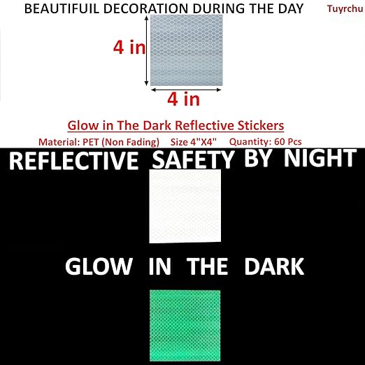 Glow in The Dark Reflective Stickers 4 inch X 4 inch for Truckskes, Warning Strong Safety Adhesive Reflective Strips (60 Pcs)