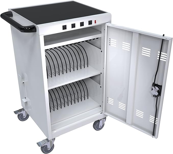 36-Device Mobile Charging Cart with Charging Power Strip and Front and Rear Access Locks, Cable Management, Up to 17"", Safe Charging Cabinet for Ipads, Chromebooks, Tablets, Laptops White