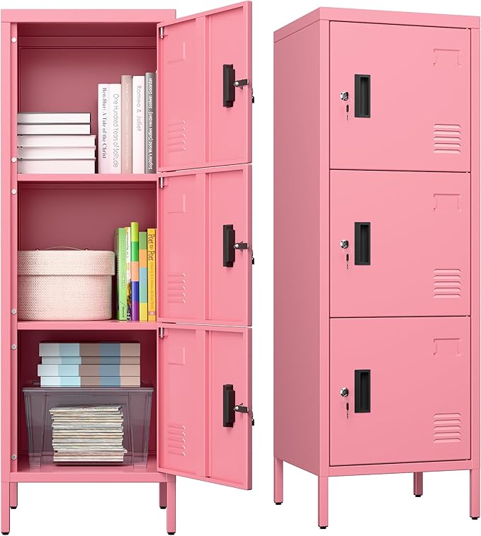 Metal Locker with Ventilation Holes, Metal Storage Cabinet with Lock and Card Slot for Home,School, Office, Garage,47.3" H x 15.8" W x 15.8" D,Assembly Required,Pink