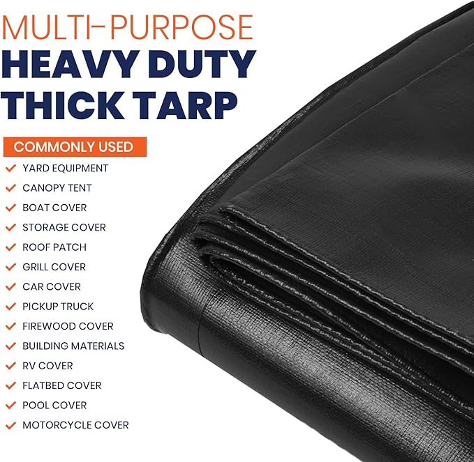 Tarpco Safety Extra Heavy Duty 14 Mil Tarp Cover, Waterproof, UV Resistant, Rip and Tear Proof, Poly Tarpaulin with Reinforced Edges for Roof, Camping, Patio, Pool, Boat (Black 30′ X 70′)