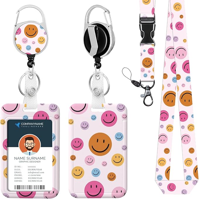 Pink Lanyard ID Badge Holder With Retractable Reel Clip, Vertical ID Protector, Card Holder Keychain Name Badge Clip for Women Men