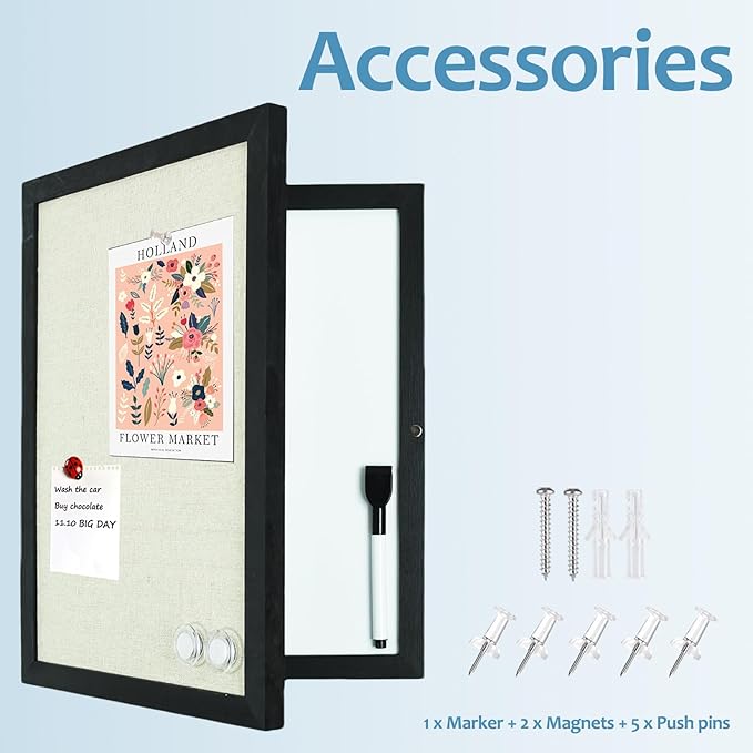 Magnetic Dry Erase Hidden Whiteboard with Black Wooden Frame, Gray Fabric Bulletin Board Exterior and Whiteboard Interior, 11.8x15.7inch (30x40cm)