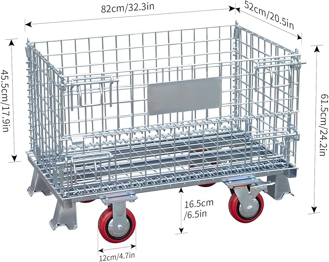 Collapsible Wire Mesh Container with Casters, 32"x20"x24", 1500 lbs Heavy-Duty Steel Storage Bin, Stackable Industrial Material Handling Cart