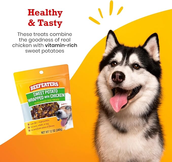 Beefeaters Sweet Potato Wrap with Chicken – Dog Treat. No Corn, Wheat, Soy or Gluten, Low Fat, Whole Muscle Jerky, Ideal for Training & Snacks