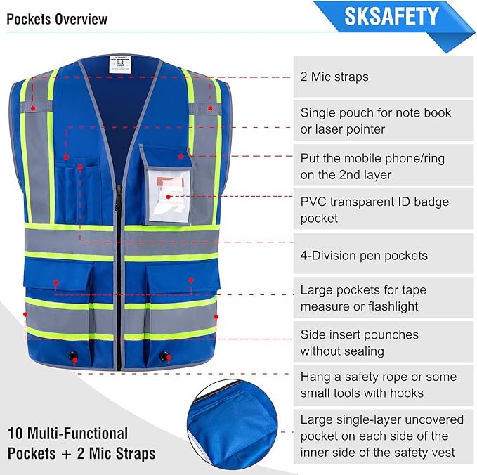 SKSAFETY 10 Pockets Safety Vest, Class 2 High Visibility Security with Zipper, Hi Vis Vest with Reflective Strips, ANSI/ISEA Standard, Construction Work Vest for Men ＆ Women （Blue, M）