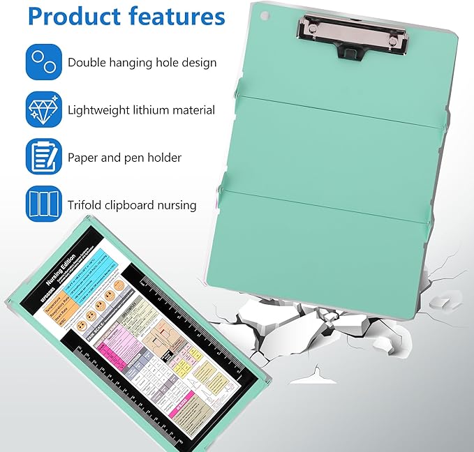 Nursing Foldable Medical Clipboard, Edition Cheat Sheets Lithium 3 Layers Foldable Clipboards Nursing Pocket Size Profile Clip Nurse Clipboards Notepad for Nurses Students and Doctors, Green