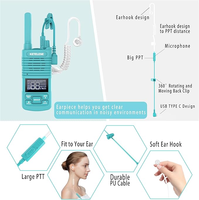 KETELESE T1 Walkie Talkies Long Range with Acoustic Tube Earpiece, Portable USB Type C FRS Two Way Radios, Rechargeable Walky Talky for Adults, NOAA, VOX for School Restaurant Church (4 Pack)