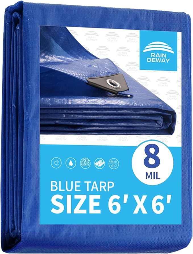 RAINDEWAY Small Tarps 6x6 Feet 8 Mil, UV Resistant, Durable, Multipurpose Waterproof Poly Tarp Cover with Metal Grommets and Reinforced Edges,Blue Tarp
