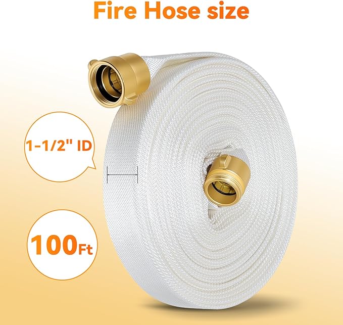 Upgraded Fire Hose 100 FT x 1-1/2" ID, M × F, NPSH/NPT Brass Couplings, Working Pressure 430 PSI, Burst Pressure 1300 PSI, Indoor Fire, Home, Garden Fire Hose Irrigation