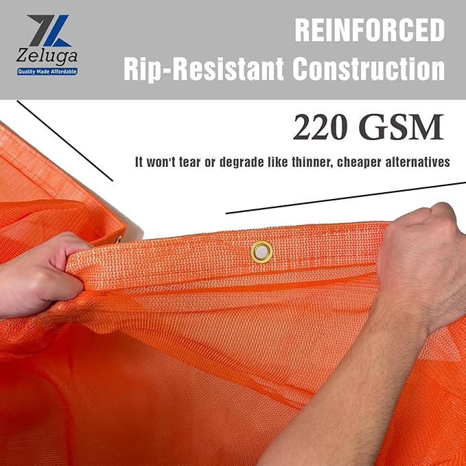 24-552-1620 220GSM Heavy Duty Orange Mesh Tarp - 16' x 20' Reinforced Rip-Resistant Construction Mesh Tarpaulin with Brass Grommets - 12mil Durable Protection for Agriculture, Landscaping