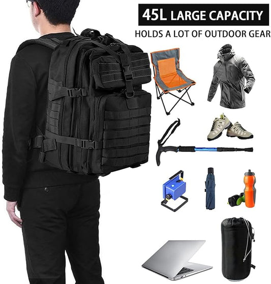 aiGear Tactical Backpack for Men, 45L Military Backpack, 3-Day Bug Out Bag for Camping Hiking Hunting with Molle System Army Daypack (45L Black)