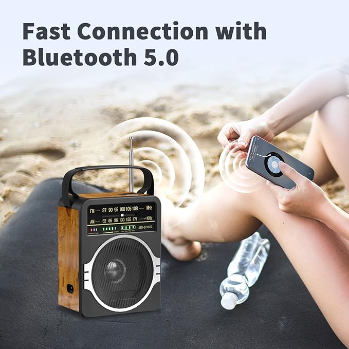 Portable AM FM Radio, Bluetooth 5.0 Radios 5 Watts Loud Speaker,FM Radio Built-in Rechargeable Battery/DC D*4 Cell Battery Operated & AC Power Plug in Wall Retro