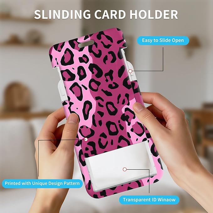 ID Badge Holder with Retractable Lanyard for Women & Men,Vertical ID Card Holder Wallet,Clear Window&Card Slot,Detachable Neck Strap for Nurse Teacher Office,Pink Leopard Print