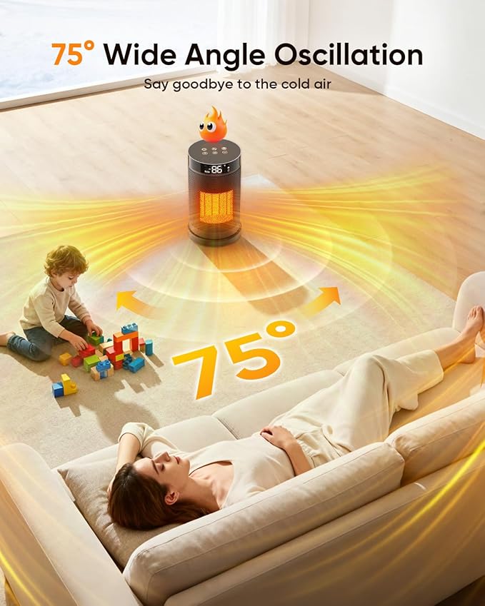 Smart Space Heater with WiFi/APP & Alexa Control, 1500W PTC Ceramic Electric Heaters for Indoor Use, 75° Wide-Angle Oscillation, 24H Timer, ECO Mode, Safe Indoor Portable Heater for Home Office
