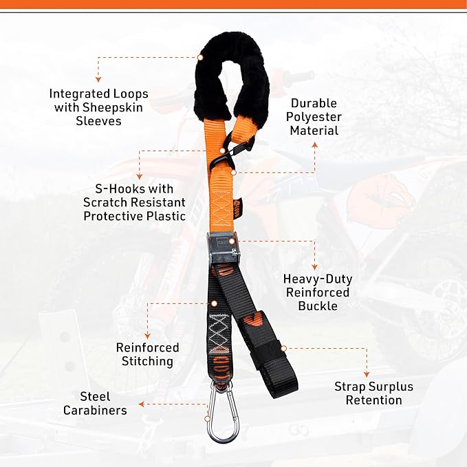 LODD - Motorcycle Tie Down Straps with Heavy-Duty Buckles, Fur Protection, Steel Carabiner, Reinforced Buckle | 2,400 lbs, 1.5" | Trailer Securing for Dirt Bike, Enduro, Trial, Quad, Trail