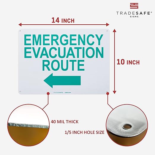 TRADESAFE Emergency Evacuation Route Sign - Evacuation Plan With Arrow Left, Quick Install Aluminum Safety Sign, Light Reflective, UV-Resistant, Waterproof, 14” X 10” Signs for Business
