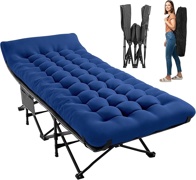 JEAREY Folding Camping Cot for Sleeping, Camping Cots for Adults with Mattress, 1200D Double Layer Oxford Portable Folding Cot Bed with Carry Bag for Guest, Travel, Hiking, Navy